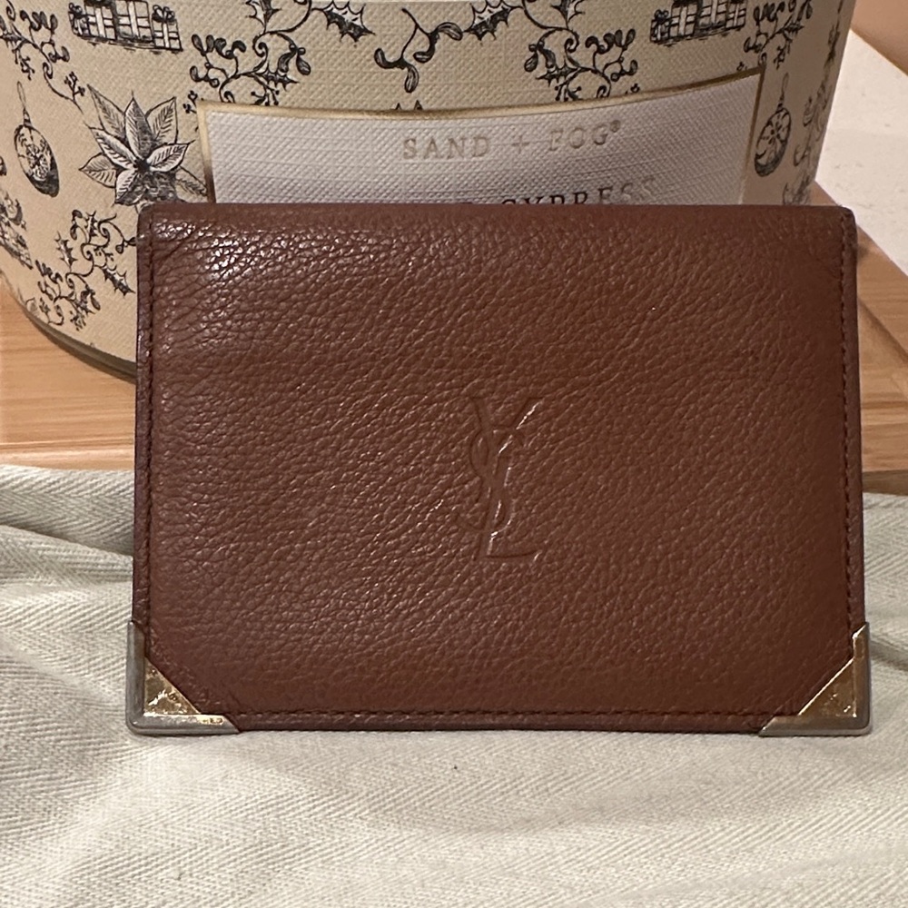 Yves Saint Laurent Brown Leather Card Holder with Gold Accents